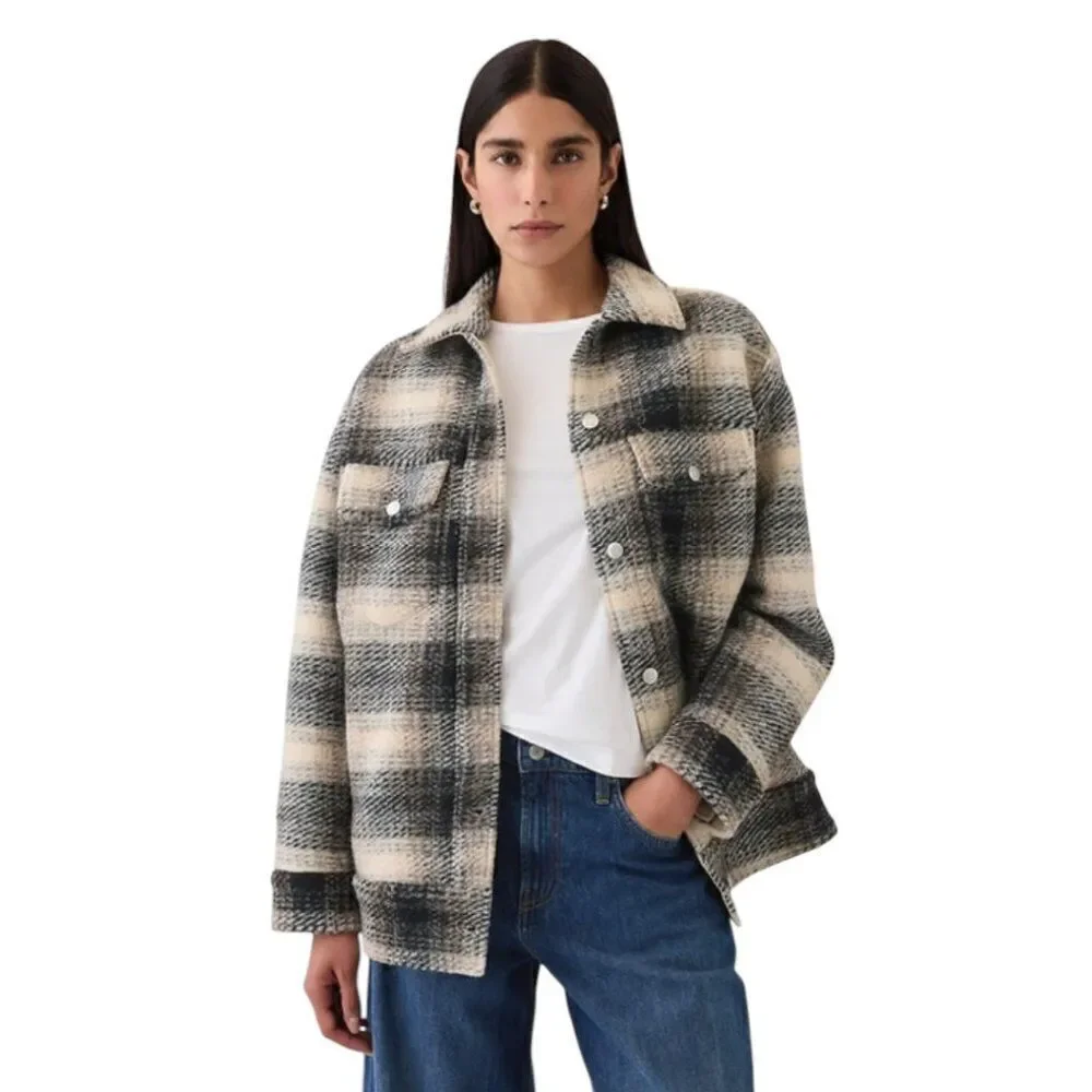 Gap Women's 2XL Wool Relaxed Shirt Jacket in neutral tan plaid